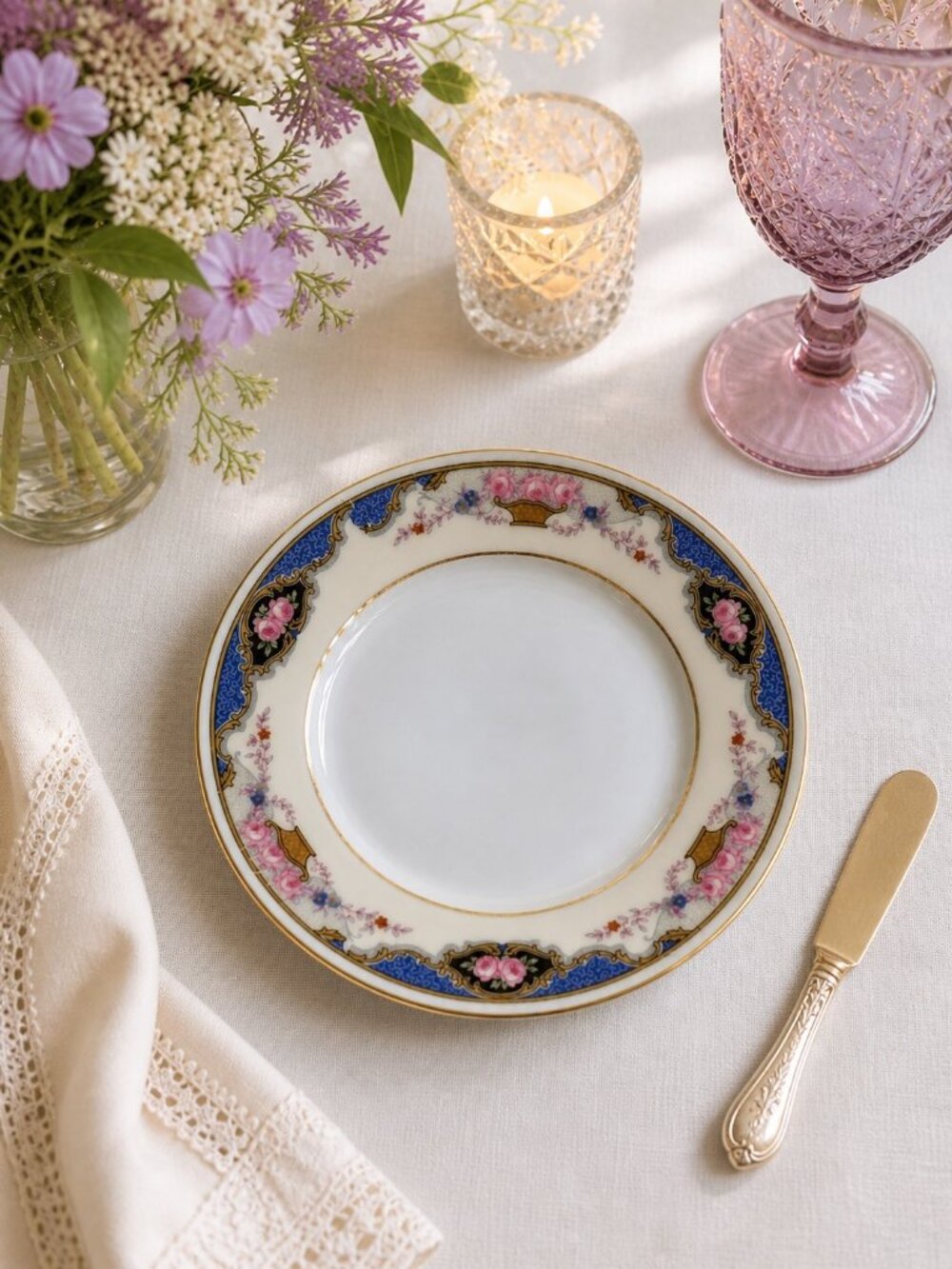 VTG Crown Edelstein Cobalt Blue Pink Rose  Gold Bavaria 6" Bread Plate Multiple